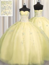 Glorious Really Puffy Organza Sweetheart Sleeveless Zipper Beading and Appliques Ball Gown Prom Dress in Light Yellow
