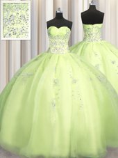 Romantic Big Puffy Yellow Green Ball Gowns Organza Sweetheart Sleeveless Beading and Appliques Floor Length Zipper Sweet 16 Dresses