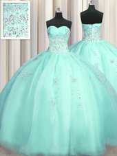 Extravagant Really Puffy Beading and Appliques Vestidos de Quinceanera Turquoise Zipper Sleeveless Floor Length