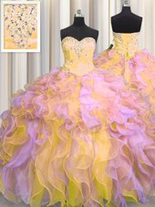 Classical Beading and Appliques and Ruffles Quinceanera Dress Multi-color Lace Up Sleeveless Floor Length
