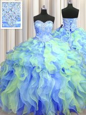 Luxury Multi-color Organza Lace Up Vestidos de Quinceanera Sleeveless Floor Length Beading and Appliques and Ruffles