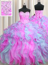 Dynamic Multi-color Lace Up Sweetheart Beading and Appliques and Ruffles 15 Quinceanera Dress Organza Sleeveless