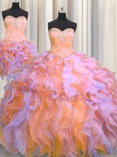 Fashion Three Piece Multi-color Ball Gowns Beading and Appliques and Ruffles 15th Birthday Dress Lace Up Organza Sleeveless Floor Length