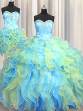 Pretty Three Piece Organza Sweetheart Sleeveless Lace Up Beading and Appliques and Ruffles Vestidos de Quinceanera in Multi-color
