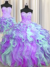Spectacular Three Piece Sweetheart Sleeveless Organza Quinceanera Dresses Beading and Appliques Lace Up