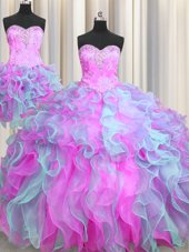 Delicate Three Piece Organza Sleeveless Ball Gown Prom Dress and Beading and Ruffles