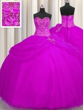 Attractive Fuchsia Lace Up Sweetheart Beading Sweet 16 Quinceanera Dress Tulle Sleeveless