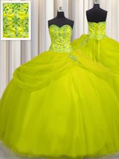 Pretty Really Puffy Yellow Green Sleeveless Beading Floor Length Sweet 16 Dresses