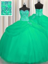 Big Puffy Turquoise Sleeveless Tulle Lace Up Quinceanera Dress for Military Ball and Sweet 16 and Quinceanera