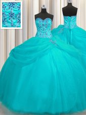 Super Puffy Skirt Beading Sweet 16 Dress Aqua Blue Lace Up Sleeveless Floor Length