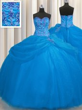 Stunning Really Puffy Blue Sweetheart Lace Up Beading 15 Quinceanera Dress Sleeveless