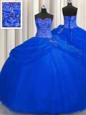 Eye-catching Big Puffy Floor Length Royal Blue Quinceanera Gowns Sweetheart Sleeveless Lace Up