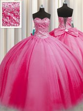 Eye-catching Big Puffy Rose Pink Ball Gowns Tulle Sweetheart Sleeveless Beading Floor Length Lace Up 15 Quinceanera Dress