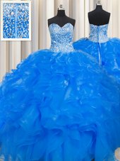 Glorious Visible Boning Beaded Bodice Sleeveless Organza Floor Length Lace Up 15th Birthday Dress in Blue for with Beading and Ruffles