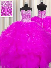 Unique Visible Boning Beaded Bodice Fuchsia Lace Up Ball Gown Prom Dress Beading and Ruffles Sleeveless Floor Length