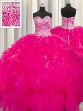 Stunning Visible Boning Beaded Bodice Hot Pink Sweetheart Neckline Beading and Ruffles Quinceanera Dresses Sleeveless Lace Up