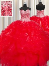 Trendy Visible Boning Beaded Bodice Red Ball Gowns Sweetheart Sleeveless Organza Floor Length Lace Up Beading and Ruffles Ball Gown Prom Dress
