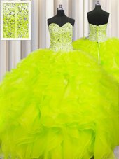 Colorful Visible Boning Beaded Bodice Sleeveless Lace Up Floor Length Beading and Ruffles Quinceanera Dresses