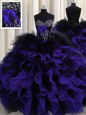 High End Black And Purple Sleeveless Floor Length Beading and Ruffles Lace Up Sweet 16 Quinceanera Dress