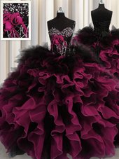 Simple Red And Black Lace Up Quince Ball Gowns Beading and Ruffles Sleeveless Floor Length