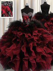 Ideal Beading and Ruffles Sweet 16 Quinceanera Dress Red And Black Lace Up Sleeveless Floor Length