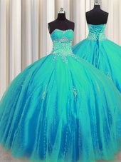 Fine Big Puffy Aqua Blue Ball Gowns Tulle Sweetheart Sleeveless Beading and Appliques Floor Length Lace Up Quinceanera Gowns
