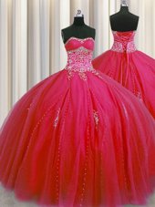 Big Puffy Red Tulle Lace Up Quinceanera Gowns Sleeveless Floor Length Beading and Appliques