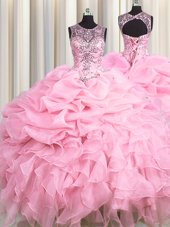 Graceful See Through Scoop Sleeveless Organza Quince Ball Gowns Beading and Ruffles and Pick Ups Lace Up