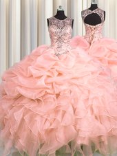 Sexy See Through Scoop Sleeveless Quince Ball Gowns Floor Length Beading and Ruffles and Pick Ups Peach Organza