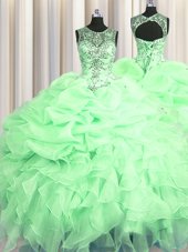 See Through Apple Green Organza Lace Up Scoop Sleeveless Floor Length Sweet 16 Quinceanera Dress Beading and Ruffles and Pick Ups