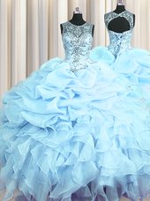 Superior See Through Floor Length Light Blue Sweet 16 Dress Scoop Sleeveless Lace Up