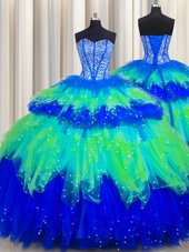 Bling-bling Visible Boning Multi-color Tulle Lace Up Sweetheart Sleeveless Floor Length 15th Birthday Dress Beading and Ruffles and Ruffled Layers and Sequins