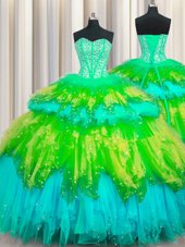 Artistic Bling-bling Visible Boning Sweetheart Sleeveless Tulle Ball Gown Prom Dress Beading and Ruffles and Ruffled Layers and Sequins Lace Up