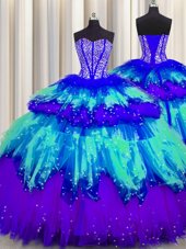 Captivating Bling-bling Visible Boning Sweetheart Sleeveless 15 Quinceanera Dress Floor Length Beading and Ruffles and Ruffled Layers and Sequins Multi-color Tulle