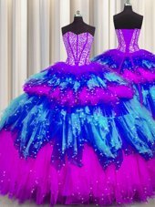 Vintage Bling-bling Visible Boning Sleeveless Floor Length Beading and Ruffles and Ruffled Layers and Sequins Lace Up Quinceanera Dresses with Multi-color
