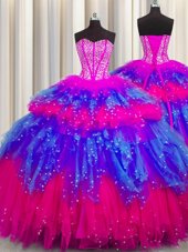 Luxury Bling-bling Visible Boning Sweetheart Sleeveless Lace Up Quinceanera Gowns Multi-color Tulle