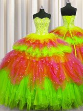 Customized Bling-bling Visible Boning Floor Length Multi-color Quinceanera Dress Tulle Sleeveless Beading and Ruffles and Ruffled Layers and Sequins