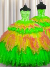 Fabulous Bling-bling Visible Boning Tulle Sleeveless Floor Length Quinceanera Gowns and Beading and Ruffles and Ruffled Layers and Sequins