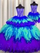Dramatic Three Piece Visible Boning Multi-color Sleeveless Beading and Ruffles and Ruffled Layers and Sequins Floor Length 15th Birthday Dress