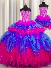 Three Piece Visible Boning Tulle Sweetheart Sleeveless Lace Up Beading Quince Ball Gowns in Multi-color