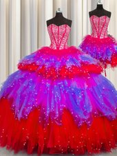 Three Piece Visible Boning Ball Gowns Quinceanera Dresses Multi-color Sweetheart Tulle Sleeveless Floor Length Lace Up