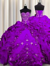 Lovely Sequins Purple Ball Gowns Taffeta Sweetheart Sleeveless Beading and Embroidery and Ruffles Floor Length Lace Up Quinceanera Gowns
