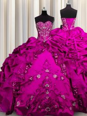 Trendy Embroidery Sequins Sweetheart Sleeveless Lace Up Quince Ball Gowns Fuchsia Taffeta