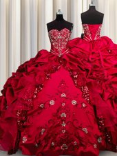 Nice Embroidery Sequins Red Sweetheart Neckline Beading and Appliques and Ruffles Quinceanera Dress Sleeveless Lace Up