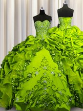 High Quality Olive Green Ball Gowns Taffeta Sweetheart Sleeveless Beading and Embroidery and Ruffles and Sequins and Pick Ups Floor Length Lace Up Quinceanera Gown