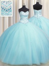 Latest Bling-bling Big Puffy Floor Length Aqua Blue 15 Quinceanera Dress Sweetheart Sleeveless Lace Up