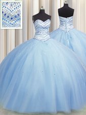 Modest Bling-bling Big Puffy Baby Blue Sleeveless Tulle Lace Up Quince Ball Gowns for Military Ball and Sweet 16 and Quinceanera