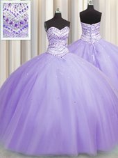 Bling-bling Puffy Skirt Floor Length Lavender Quince Ball Gowns Tulle Sleeveless Beading