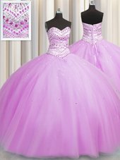 Pretty Bling-bling Really Puffy Sleeveless Floor Length Beading Lace Up 15th Birthday Dress with Lilac