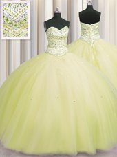 Dynamic Bling-bling Puffy Skirt Floor Length Lace Up Sweet 16 Quinceanera Dress Light Yellow and In for Military Ball and Sweet 16 and Quinceanera with Beading